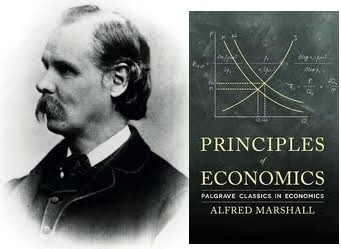 Alfred Marshall next to the cover of his seminal work "Principles of Economics" demonstrating the famous supply and demand curves.